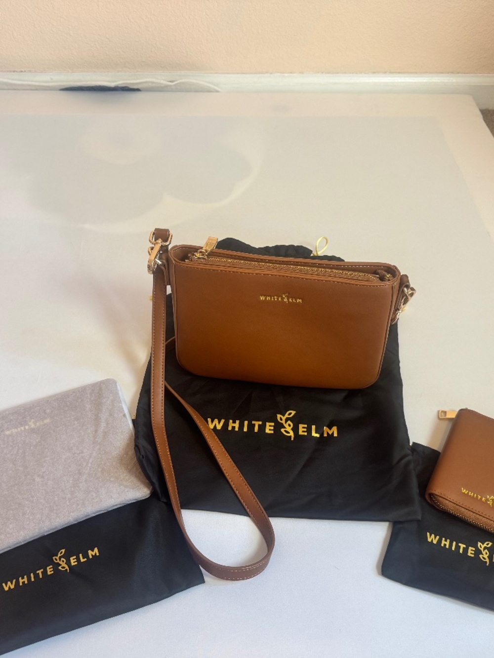 3 pcs White Elm Convertible purse wallet and makeup bag Caramel